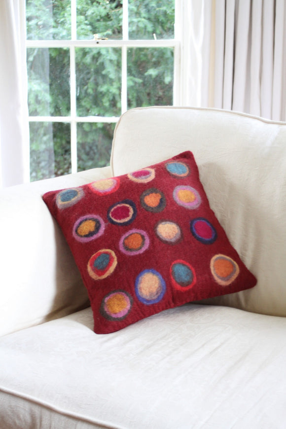 Sustainable Fair Trade Handfelted Claret Burgundy Bright Spot Kandinsky Cushion & Cover