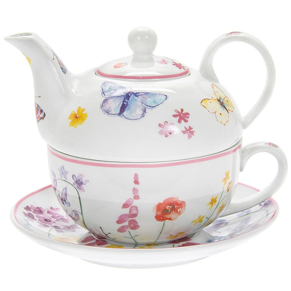 Pretty Buttefly Garden Tea For One Cup Tea Pot Saucer Set