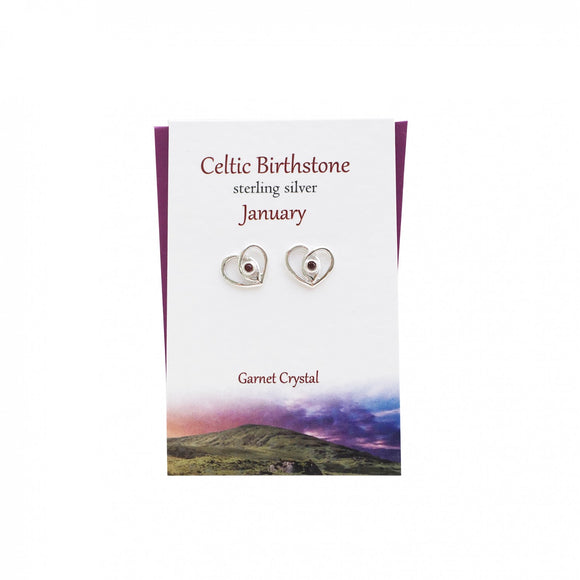 The Silver Studio Scotland Celtic Heart January Red Garnet Gem Sterling Silver Stud Earrings Card & Gift Set