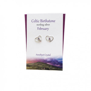 The Silver Studio Scotland Celtic Heart February Amethyst Gem Sterling Silver Stud Earrings Card & Gift Set