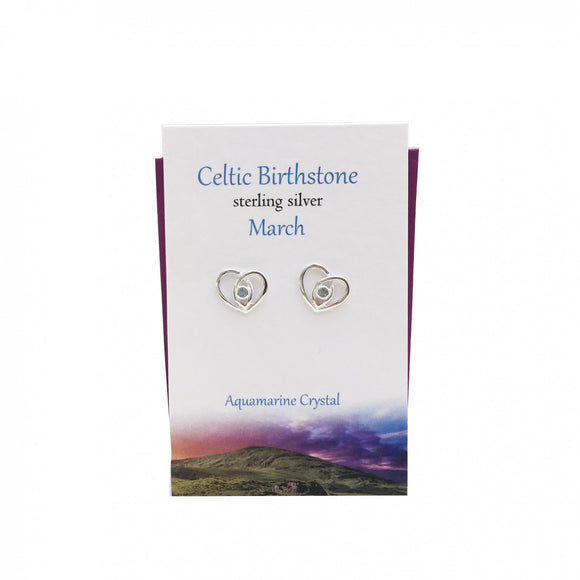 The Silver Studio Scotland Celtic Heart March Aquamarine Gem Sterling Silver Stud Earrings Card & Gift Set