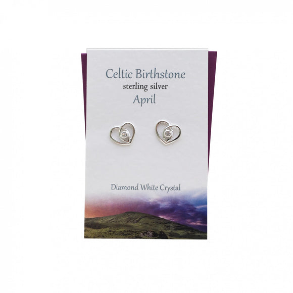 The Silver Studio Scotland Celtic Heart April Diamond Gem Sterling Silver Stud Earrings Card & Gift Set
