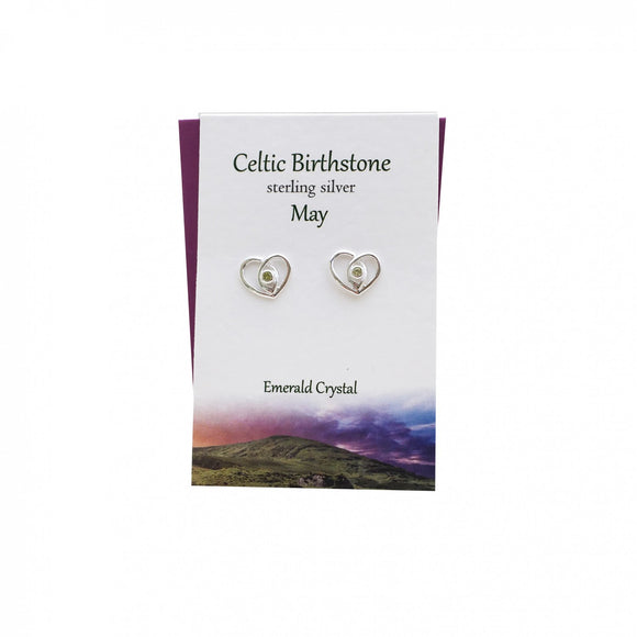 The Silver Studio Scotland Celtic Heart May Emerald  Gem Sterling Silver Stud Earrings Card & Gift Set