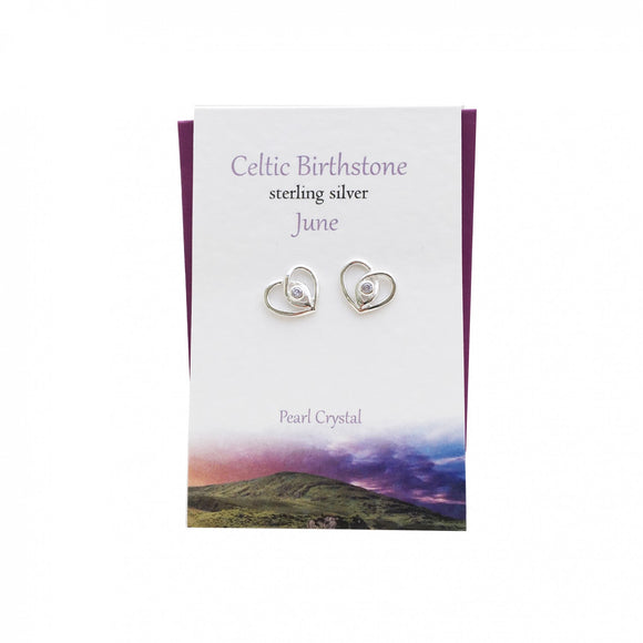 The Silver Studio Scotland Celtic Heart June Pearl Gem Sterling Silver Stud Earrings Card & Gift Set