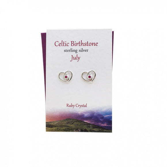 The Silver Studio Scotland Celtic Heart July Ruby Gem Sterling Silver Stud Earrings Card & Gift Set