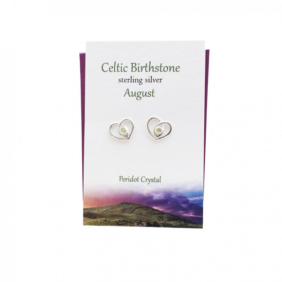 The Silver Studio Scotland Celtic Heart August Peridot Gem Sterling Silver Stud Earrings Card & Gift Set