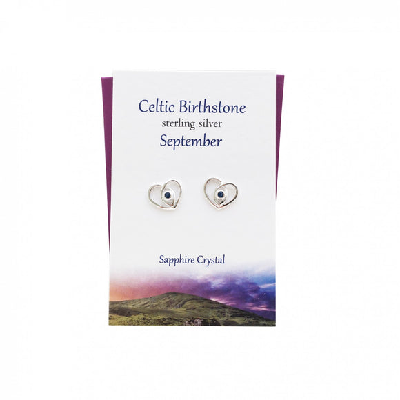 The Silver Studio Scotland Celtic Heart September Sapphire Gem Sterling Silver Stud Earrings Card & Gift Set
