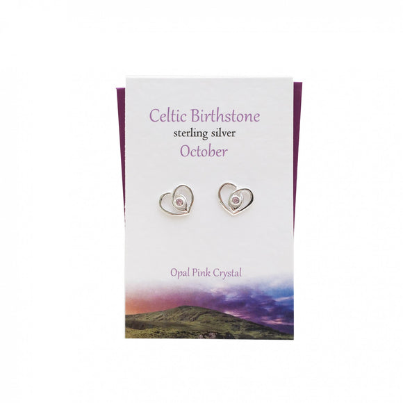 The Silver Studio Scotland Celtic Heart October Opal Pink Gem Sterling Silver Stud Earrings Card & Gift Set