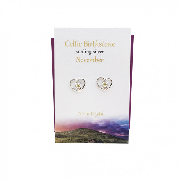 The Silver Studio Scotland Celtic Heart November Citrine Gem Sterling Silver Stud Earrings Card & Gift Set