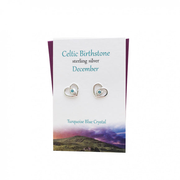 The Silver Studio Scotland Celtic Heart December Turquoise Blue Gem Sterling Silver Stud Earrings Card & Gift Set
