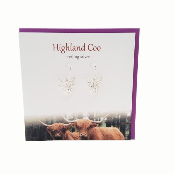 The Silver Studio Scotland Hairy Highland Heilan Cow Coo Sterling Silver Dangle Drop Earrings Card & Gift Set