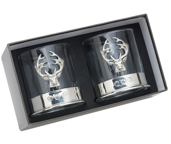 Pair Of Stunning Pewter Scottish Stag Whisky Tumblers Whiskey Glasses In Presentaion Box