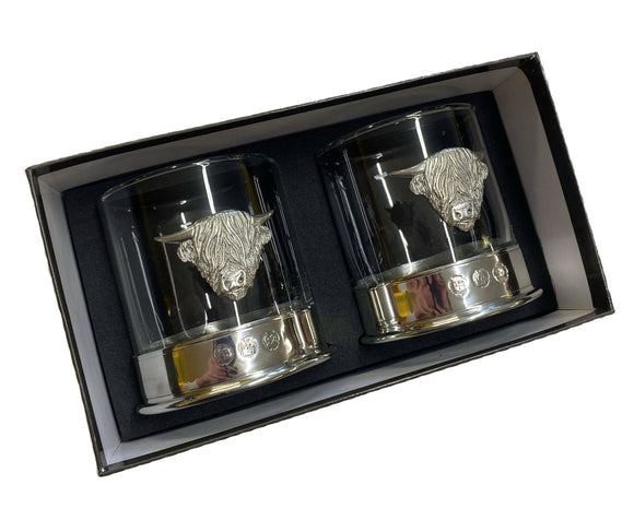 Pair Of Stunning Pewter Scottish Highland Cow Coo Whisky Tumblers Whiskey Glasses In Presentation Box