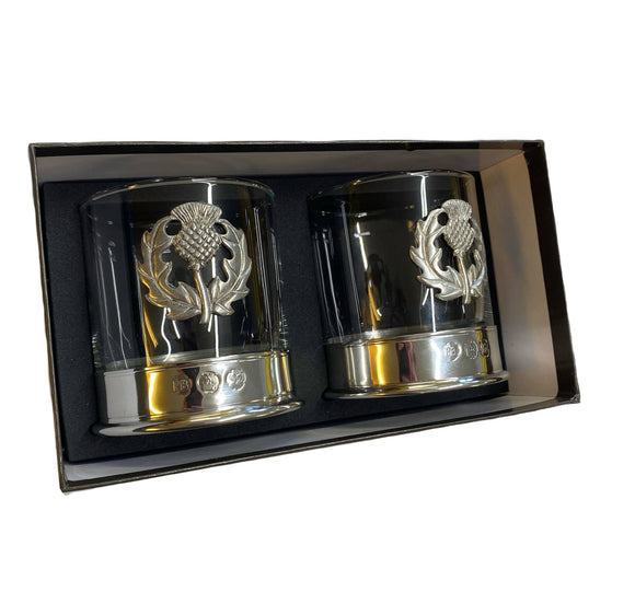 Pair Of Stunning Pewter Scottish Thistle Whisky Tumblers Whiskey Glasses In Presentation Box