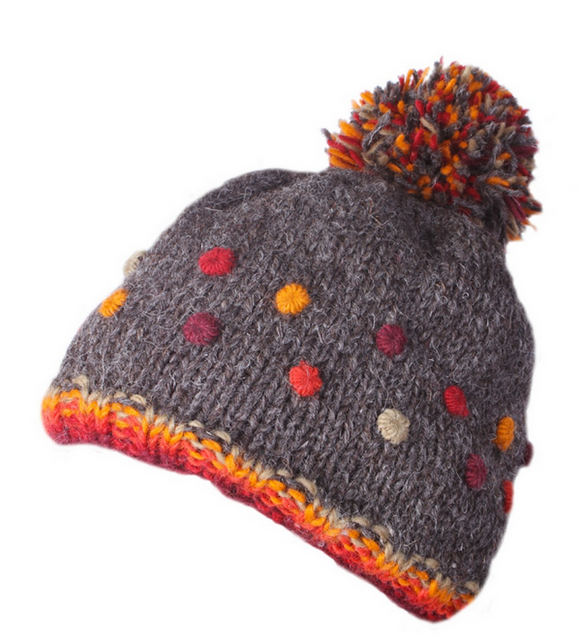 Sustainable Fair Trade Montpellier Dotty Bark Brown Natural Wool Bobble Beanie Hat