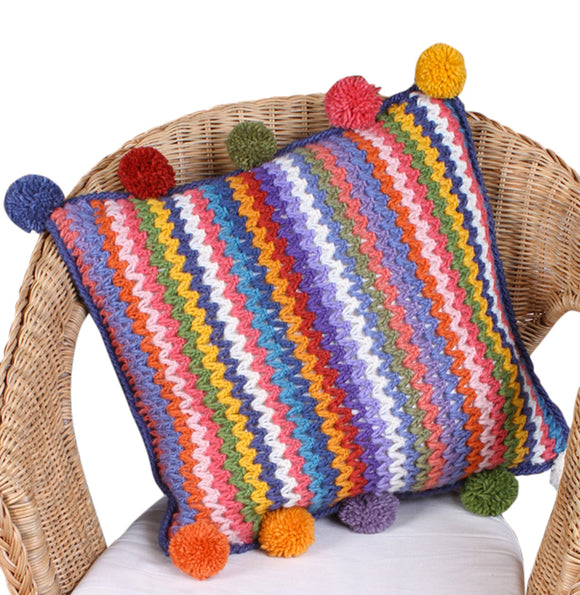 Sustainable Fair Trade Handcrocheted Stripy Zigzag Multicolour Pom Pom Cushion & Pad