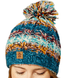 Sustainable Fair Trade Utrecht Blue Brown Natural Wool Bobble Beanie Hat