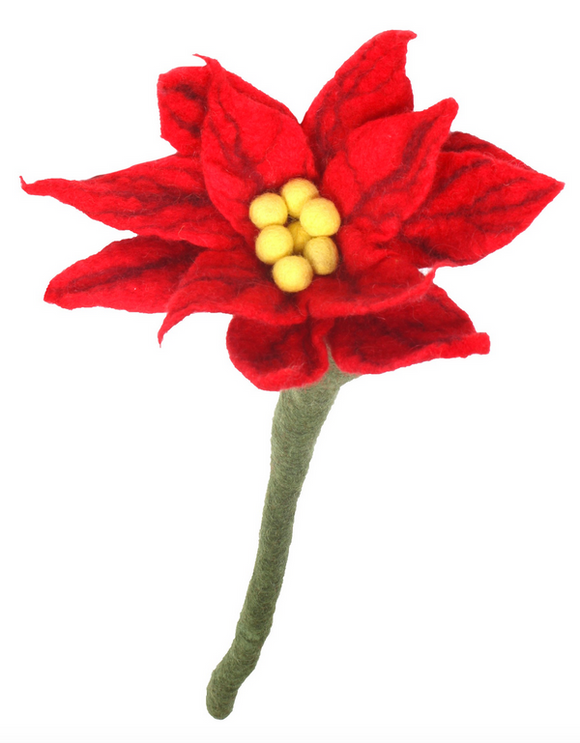 Sustainable Fair Trade Handmade Felted Single Stem Red Poinsettia Flower