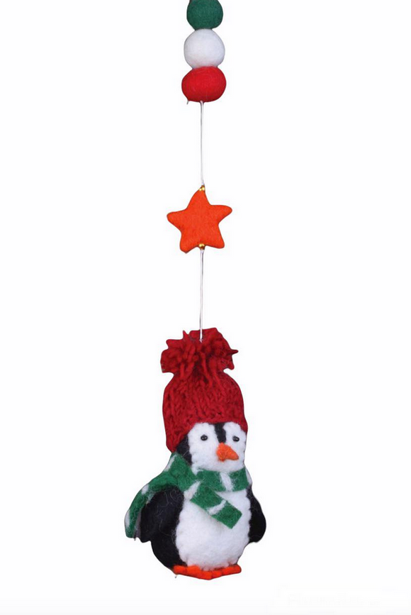 Sustainable Fair Trade Handmade Felt Christmas Penguin Star Hanging Tree Decoration