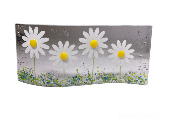 Jules Jules Hand Crafted White Daisy Field Fused Glass Wave Panel