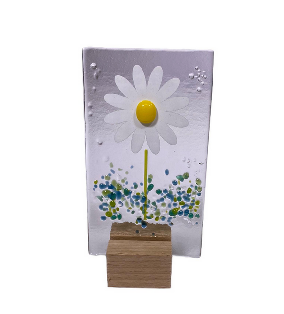 Jules Jules Hand Crafted Mini White Daisy Fused Glass Panel With Wooden Stand