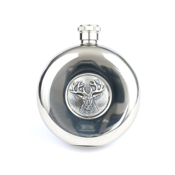 5oz Round Pocket Hip Flask With Brushed Antique Finish Scottish Highland Stag Detail With Tot Cups