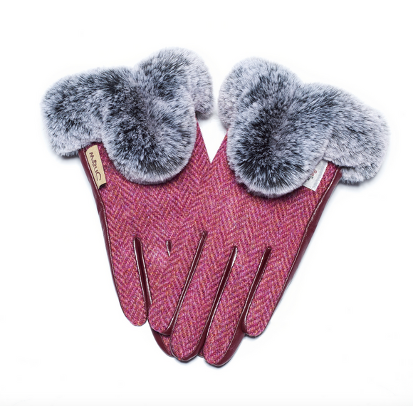 Snowpaw Ladies Cosy Maroon Harris Tweed Gloves with Faux Fur
