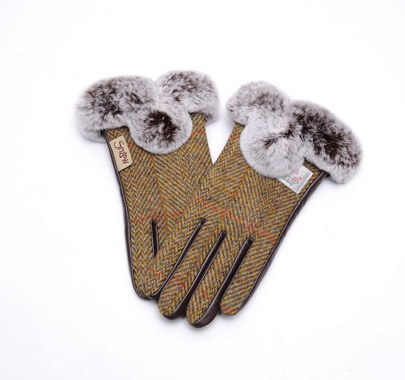 Snowpaw Ladies Cosy Chestnut Herringbone Gloves with Faux Fur