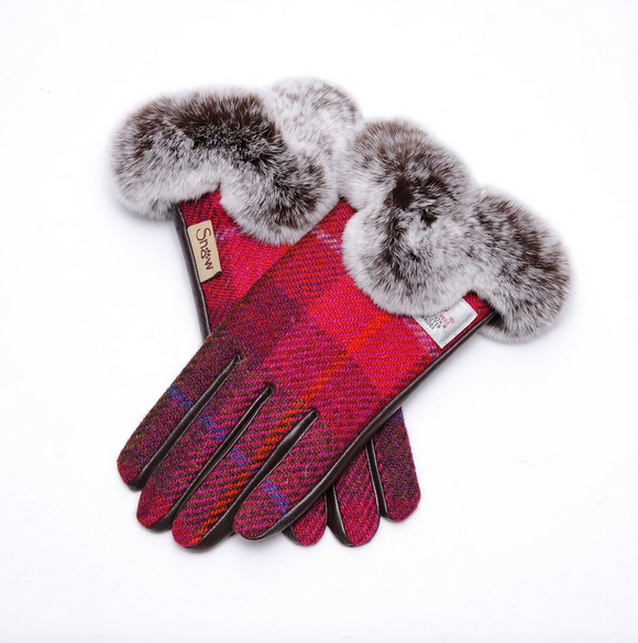 Snowpaw Ladies Cosy Fuchsia Tartan Harris Tweed Gloves with Faux Fur