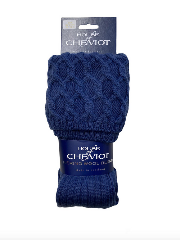 Lewis Cable Knit St Andrews Blue Merino Wool Kilt Hose Socks Made in Scotland