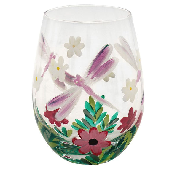 Pretty Dragonfly & Pink Flower Stemless Gin Glass Tumbler