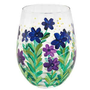 Pretty Meadow Blue & Purple Flower Stemless Gin Glass Tumbler