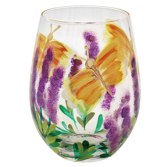 Pretty Butterfly & Yellow Flower Stemless Gin Glass Tumbler