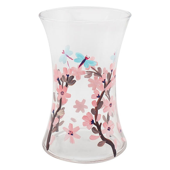 Beautiful Hand Painted Blue Dragonfly & Pink Flower Glass Vase