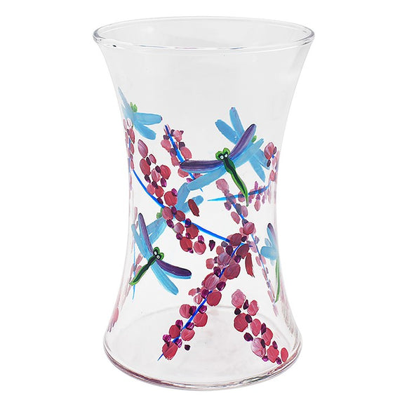 Beautiful Hand Painted Pink Flower & Blue Dragonfly Glass Vase