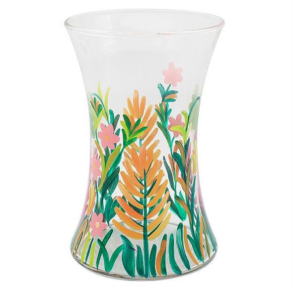 Beautiful Hand Painted Pink Flower & Green Orange Stem Leaves Glass Vase