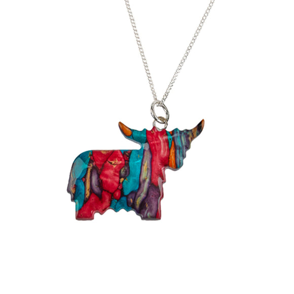Stunning Scottish Heathergems Multi Colour Highland Cow Coo Sterling Silver Necklace Pendant
