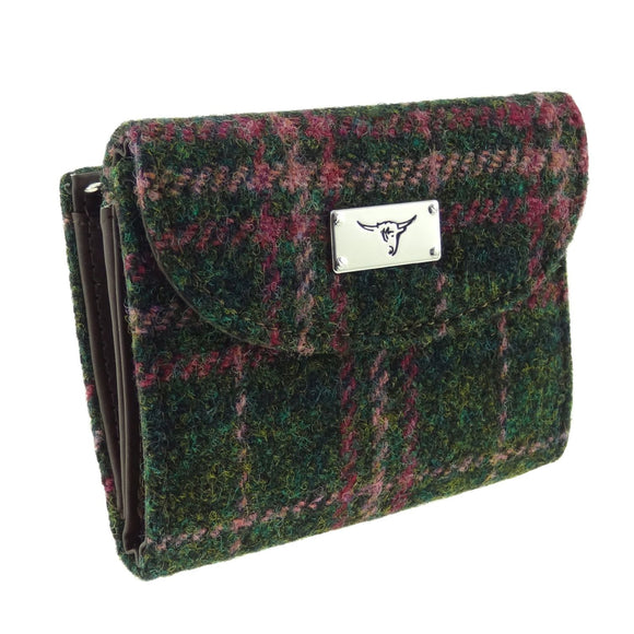 Glen Appin Of Scotland Dark Green & Plum Tartan Check Harris Tweed Jura Short Ladies Purse Wallet