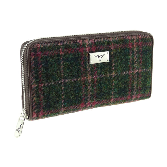 Glen Appin Of Scotland Dark Green & Plum Tartan Check Harris Tweed Ladies Staffa Zip Round Purse Wallet