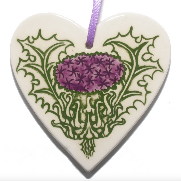 JS Ceramics Traditional Scottish Thistle Decorative Hanging Heart Ornament