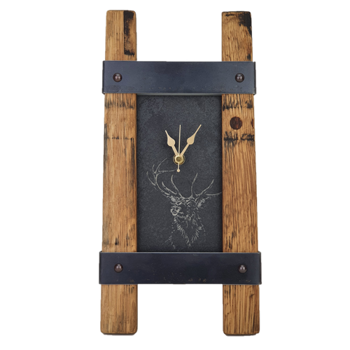 LT Creations Engraved Slate Stag Design Twin Whisky Barrel Stave Wall Clock