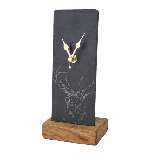 LT Creations Engraved Slate Stag Design Mantle Wall Clock With Whisky Barrel Stand