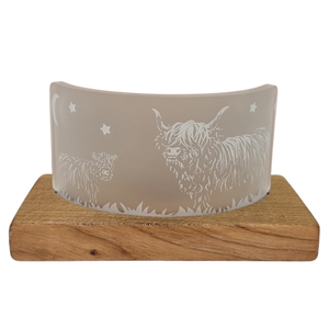 LT Creations Crescent Tealight Candle Holder With Engraved Highland Coo Cow Detail With Whisky Barrel Stand