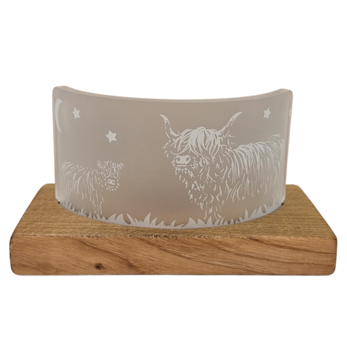LT Creations Crescent Tealight Candle Holder With Engraved Highland Coo Cow Detail With Whisky Barrel Stand