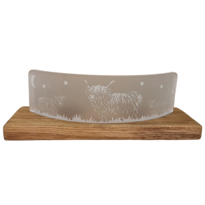LT Creations Large Crescent Tealight Candle Holder With Engraved Highland Coo Cow Family Detail