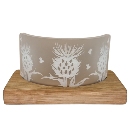 LT Creations Crescent Tealight Candle Holder With Engraved Scottish Thistle Detail With Whisky Barrel Stand