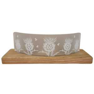 LT Creations Large Crescent Tealight Candle Holder With Engraved Scottish Thistle Detail With Whisky Barrel Stand