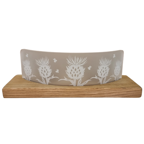 LT Creations Large Crescent Tealight Candle Holder With Engraved Scottish Thistle Detail With Whisky Barrel Stand