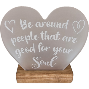 LT Creations Engraved Heart Tealight Holder - Be Around People That Are Good For Your Soul Quote With Whisky Barrel Stand