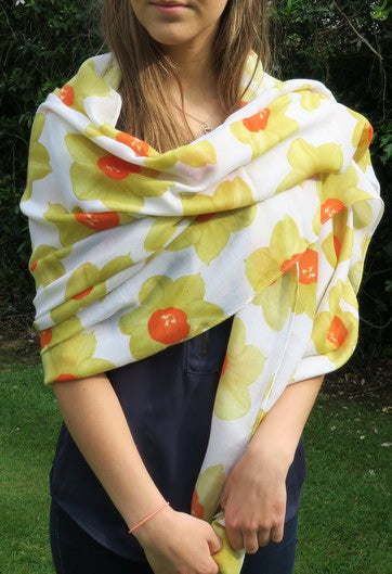 Alexander Thurlow Full Length Yellow Daffodil On White Twilled Polyester Scarf